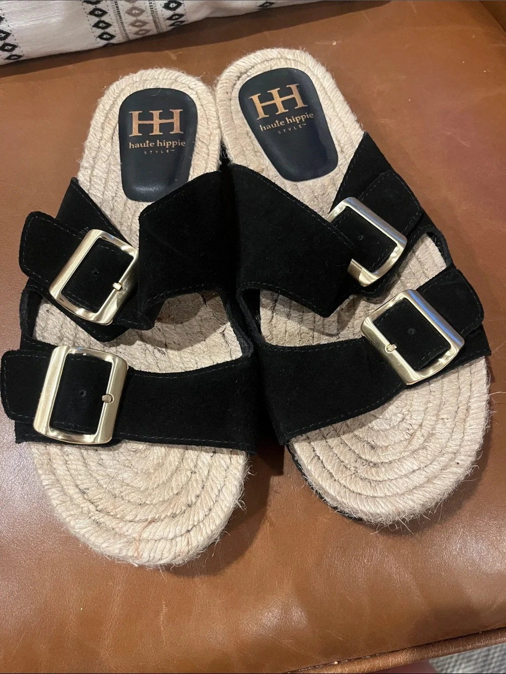 Haute Hippie Black Suede Double-Buckle Slide Sandals
